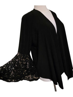 Y2K R&M Collection Black Lace Sequin Bell Sleeve Open Front Cardigan Jacket XL